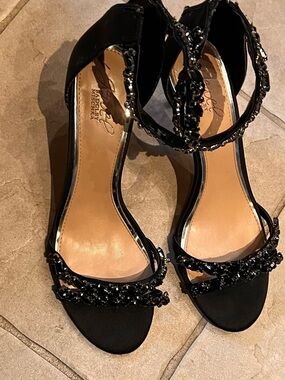 Jewel Badgley Mischka Black Jeweled Open-Toe Heels 9